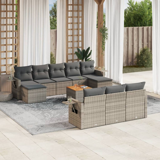 11-tlg. Garten-Sofagarnitur mit Kissen Grau Poly Rattan