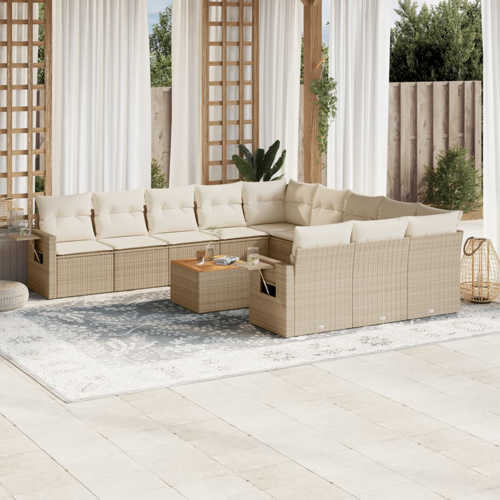 12-tlg. Garten-Sofagarnitur mit Kissen Beige Poly Rattan