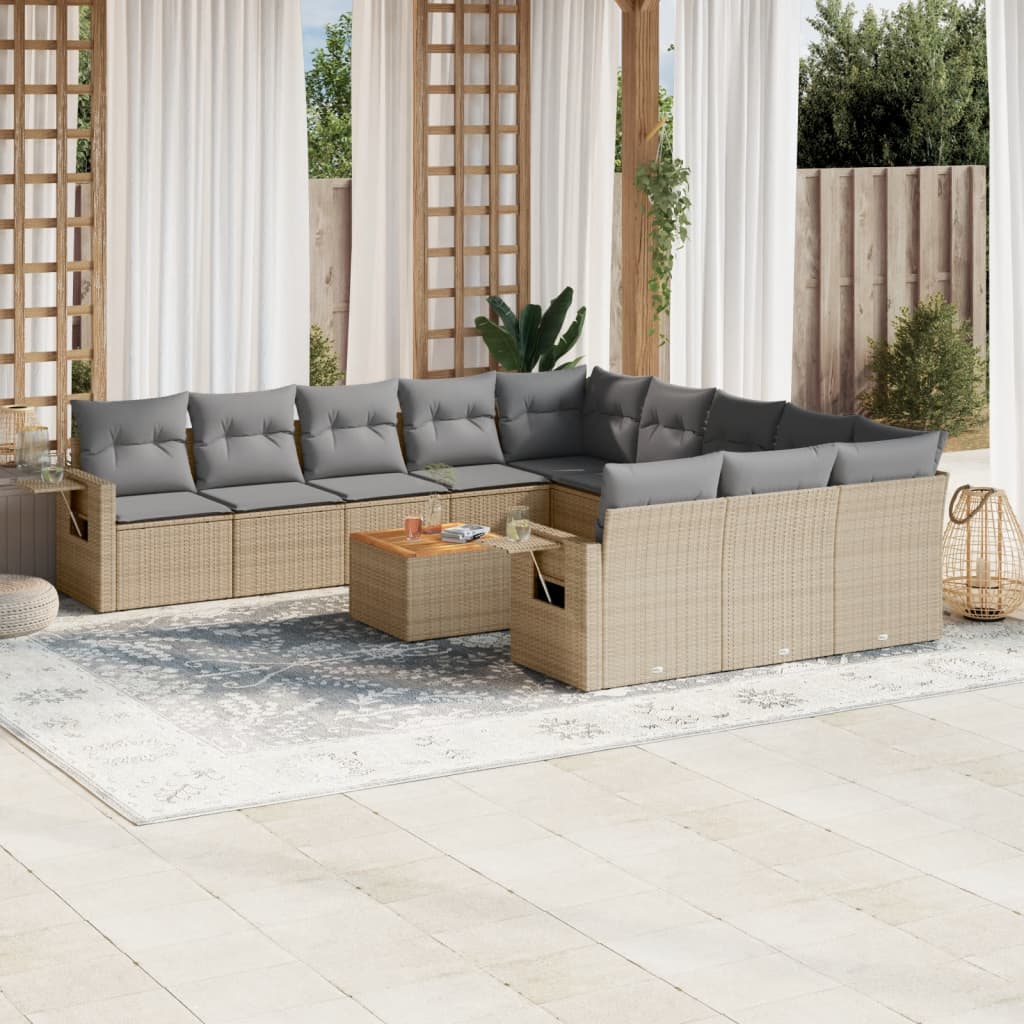 12-tlg. Garten-Sofagarnitur mit Kissen Beige Poly Rattan