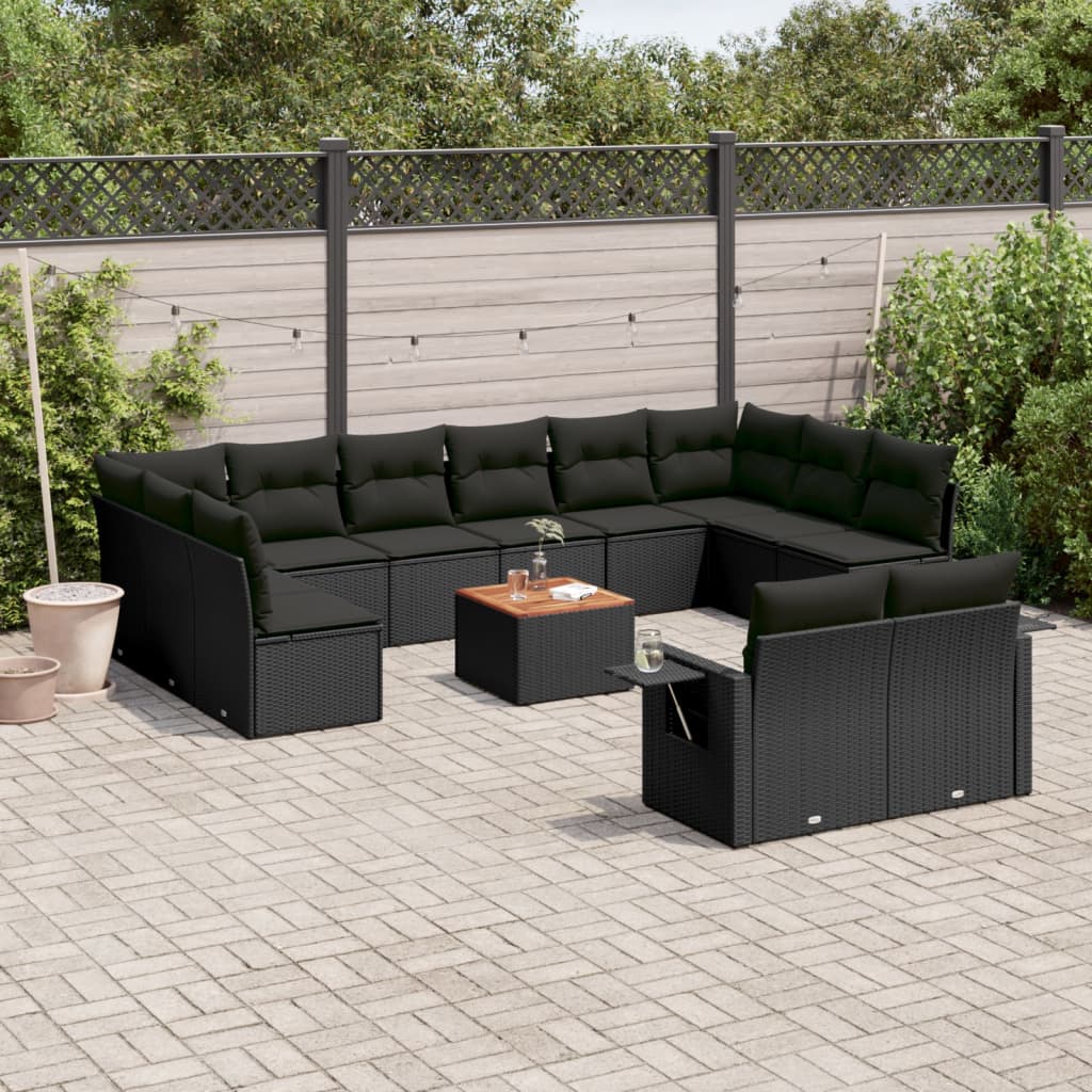 13-tlg. Garten-Sofagarnitur mit Kissen Schwarz Poly Rattan