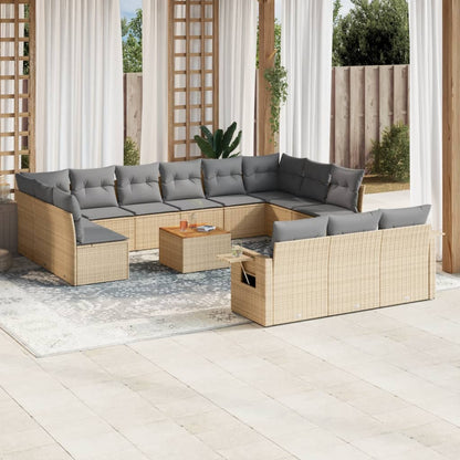 14-tlg. Garten-Sofagarnitur mit Kissen Beige Poly Rattan