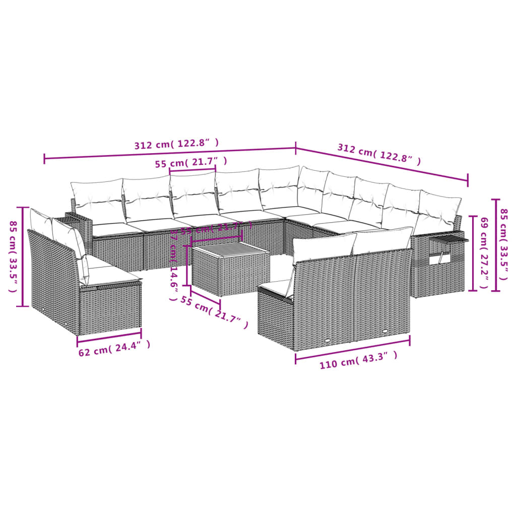 14-tlg. Garten-Sofagarnitur mit Kissen Schwarz Poly Rattan