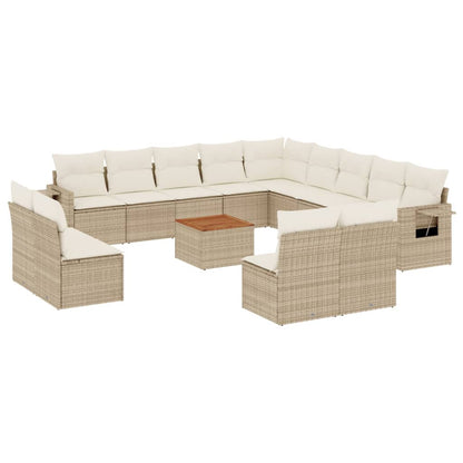 14-tlg. Garten-Sofagarnitur mit Kissen Beige Poly Rattan