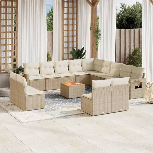 14-tlg. Garten-Sofagarnitur mit Kissen Beige Poly Rattan