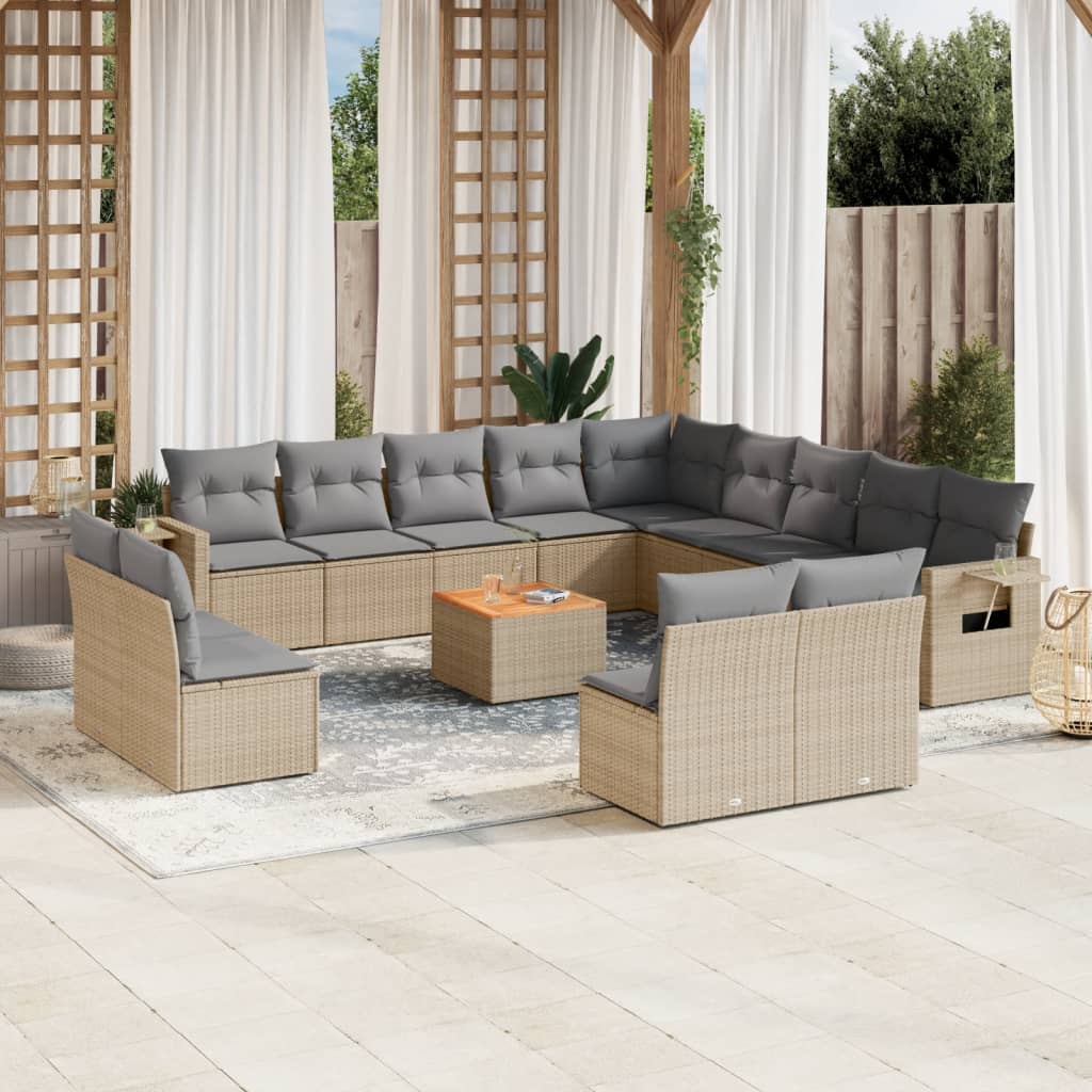 14-tlg. Garten-Sofagarnitur mit Kissen Beige Poly Rattan