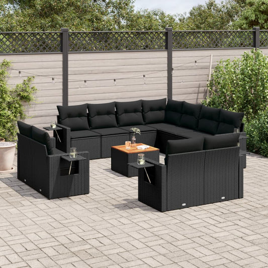 12-tlg. Garten-Sofagarnitur mit Kissen Schwarz Poly Rattan