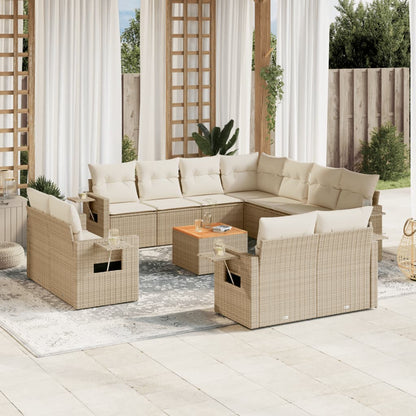 12-tlg. Garten-Sofagarnitur mit Kissen Beige Poly Rattan