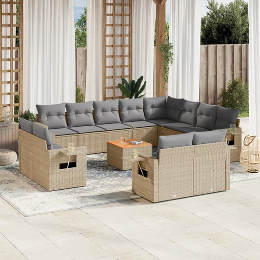 13-tlg. Garten-Sofagarnitur mit Kissen Beige Poly Rattan