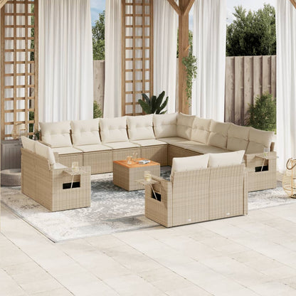 14-tlg. Garten-Sofagarnitur mit Kissen Beige Poly Rattan