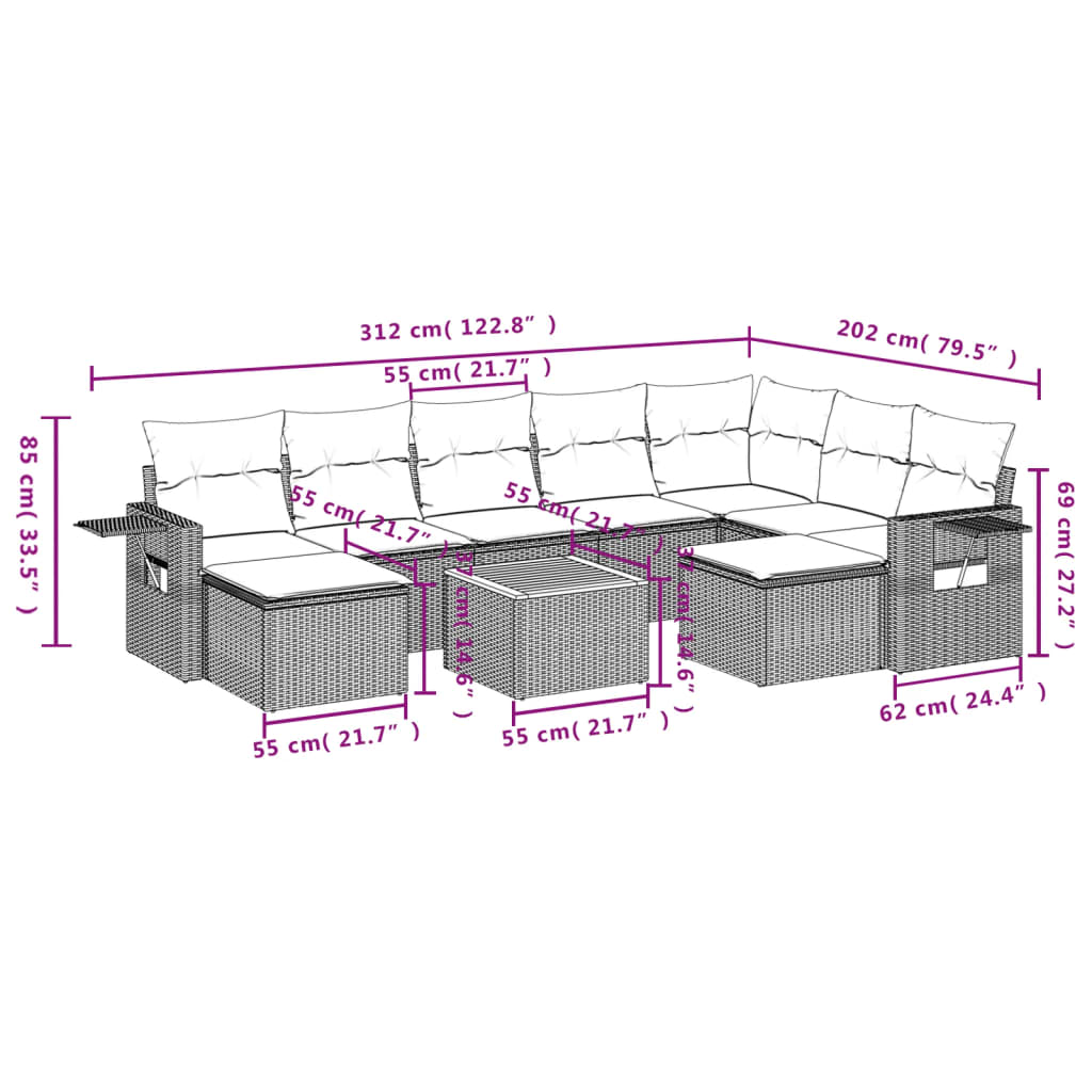 10-tlg. Garten-Sofagarnitur mit Kissen Beige Poly Rattan