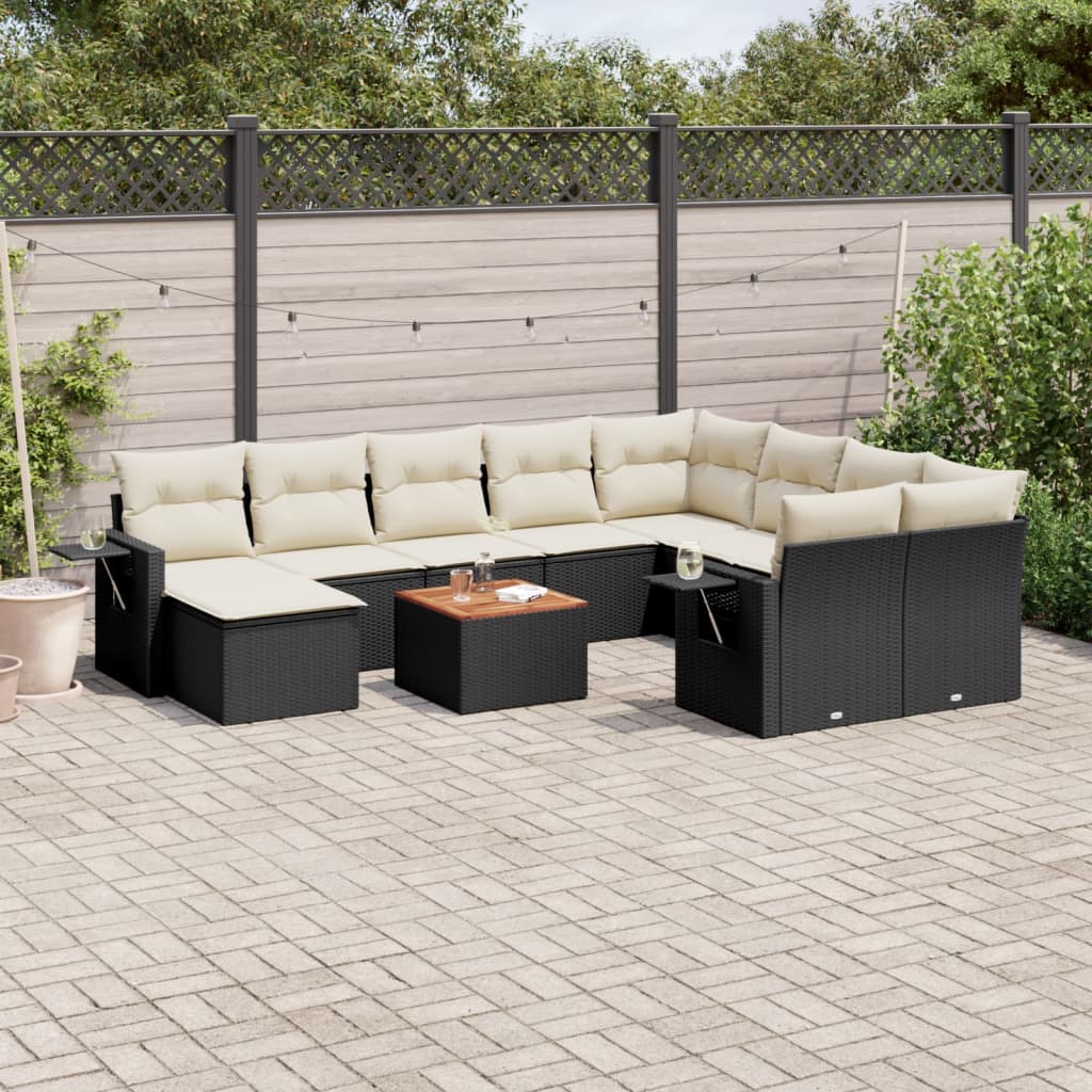 11-tlg. Garten-Sofagarnitur mit Kissen Schwarz Poly Rattan