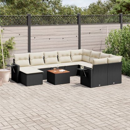 11-tlg. Garten-Sofagarnitur mit Kissen Schwarz Poly Rattan