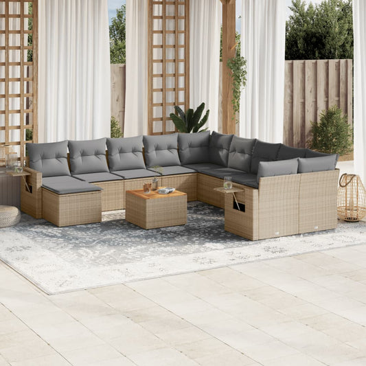 12-tlg. Garten-Sofagarnitur mit Kissen Beige Poly Rattan