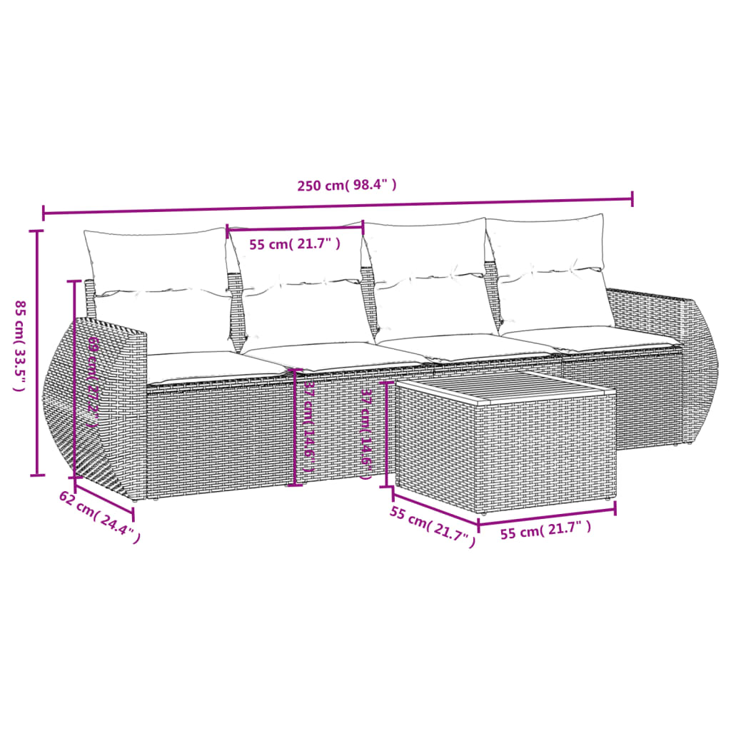 5-tlg. Garten-Sofagarnitur mit Kissen Schwarz Poly Rattan