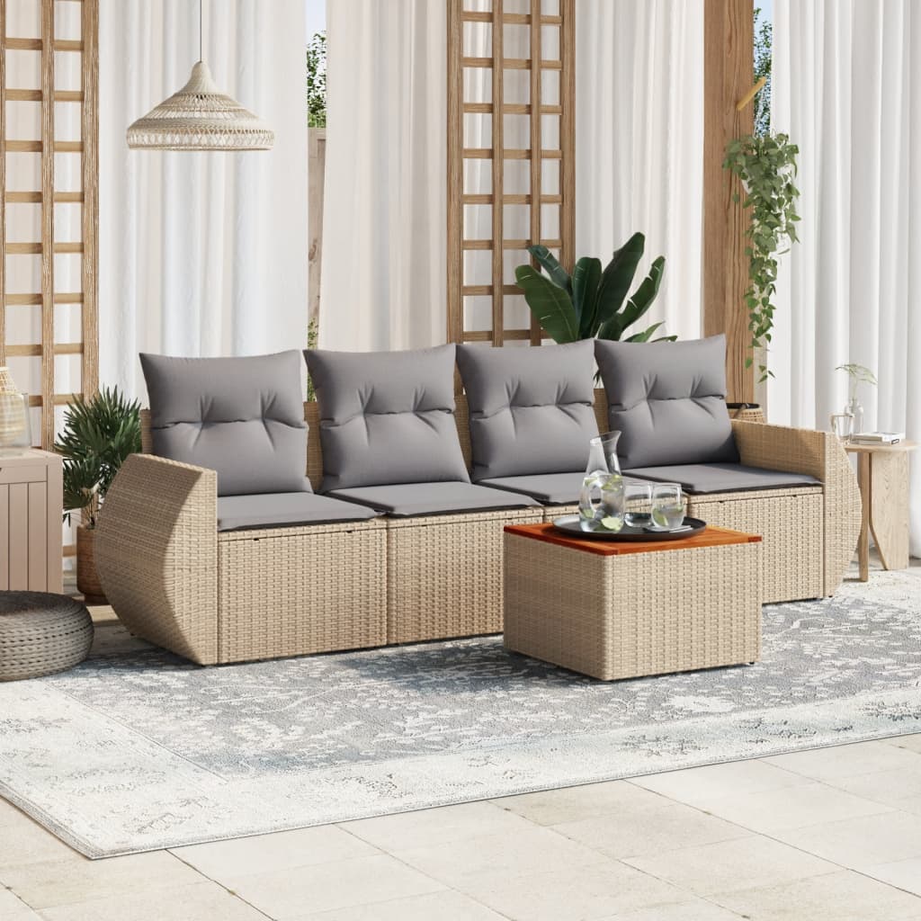 5-tlg. Garten-Sofagarnitur mit Kissen Beige Poly Rattan