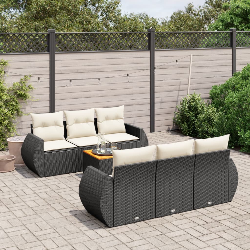 7-tlg. Garten-Sofagarnitur mit Kissen Schwarz Poly Rattan