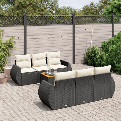 7-tlg. Garten-Sofagarnitur mit Kissen Schwarz Poly Rattan