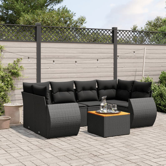 7-tlg. Garten-Sofagarnitur mit Kissen Schwarz Poly Rattan