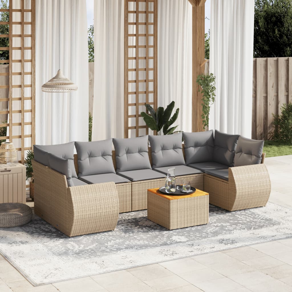 8-tlg. Garten-Sofagarnitur mit Kissen Beige Poly Rattan