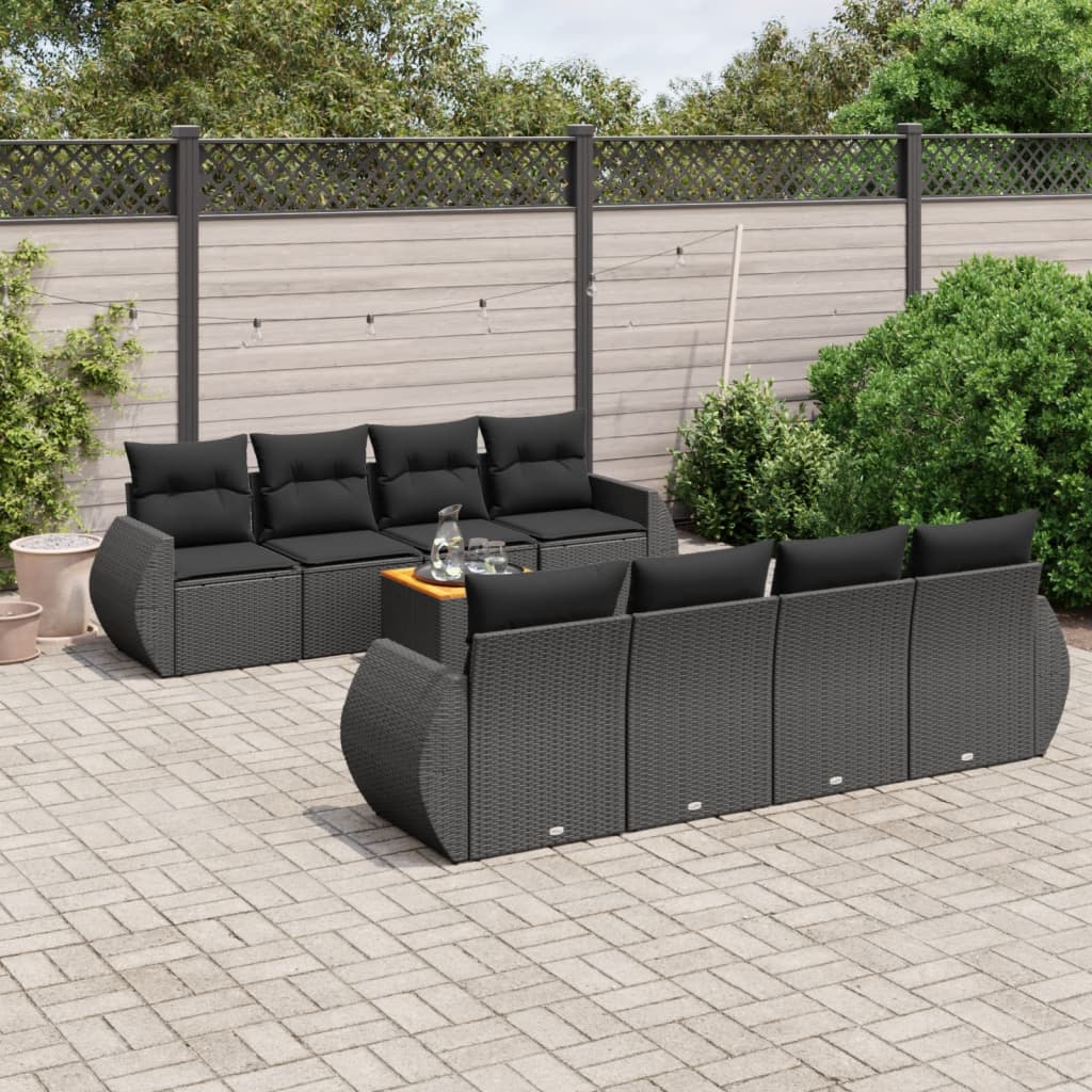 9-tlg. Garten-Sofagarnitur mit Kissen Schwarz Poly Rattan