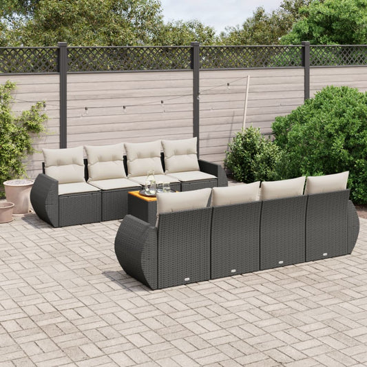 9-tlg. Garten-Sofagarnitur mit Kissen Schwarz Poly Rattan