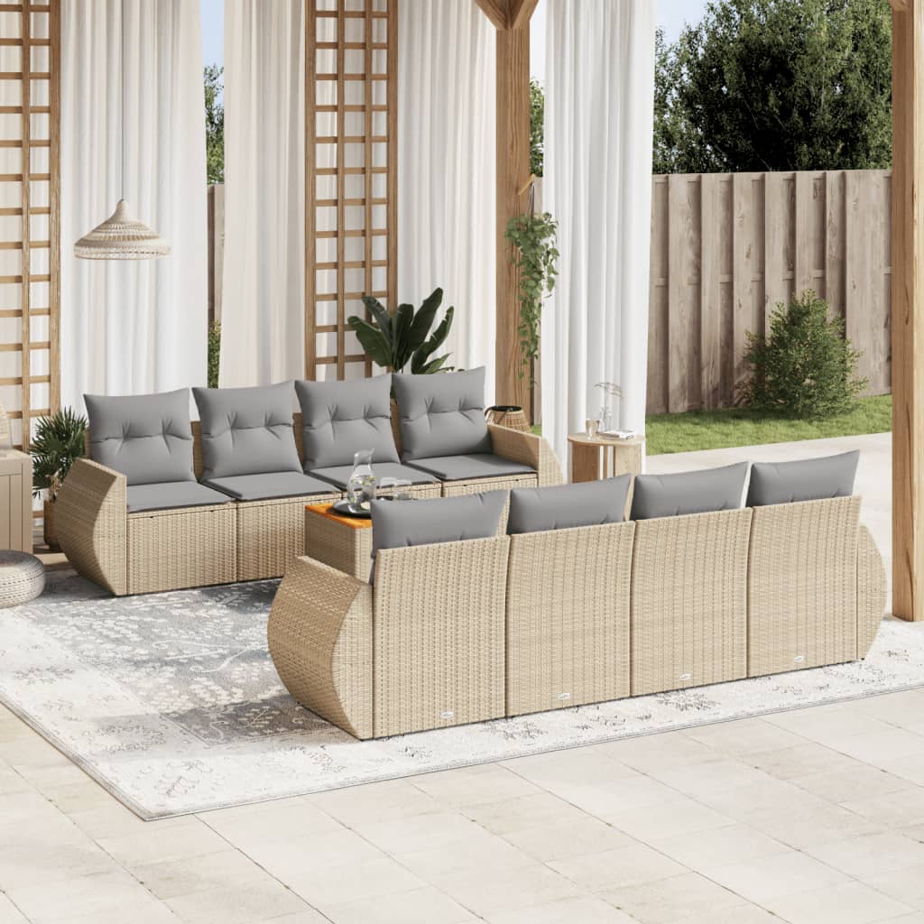 9-tlg. Garten-Sofagarnitur mit Kissen Beige Poly Rattan