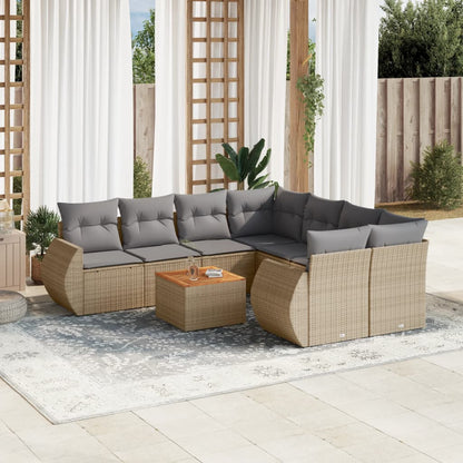 9-tlg. Garten-Sofagarnitur mit Kissen Beige Poly Rattan