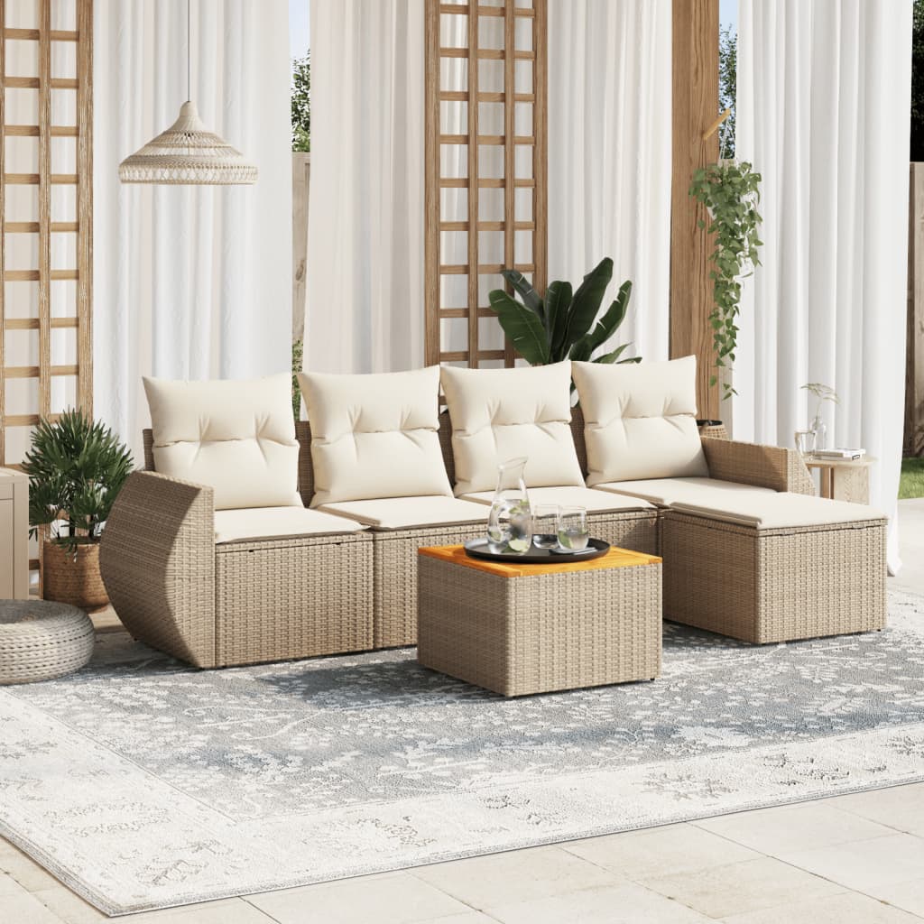 6-tlg. Garten-Sofagarnitur mit Kissen Beige Poly Rattan