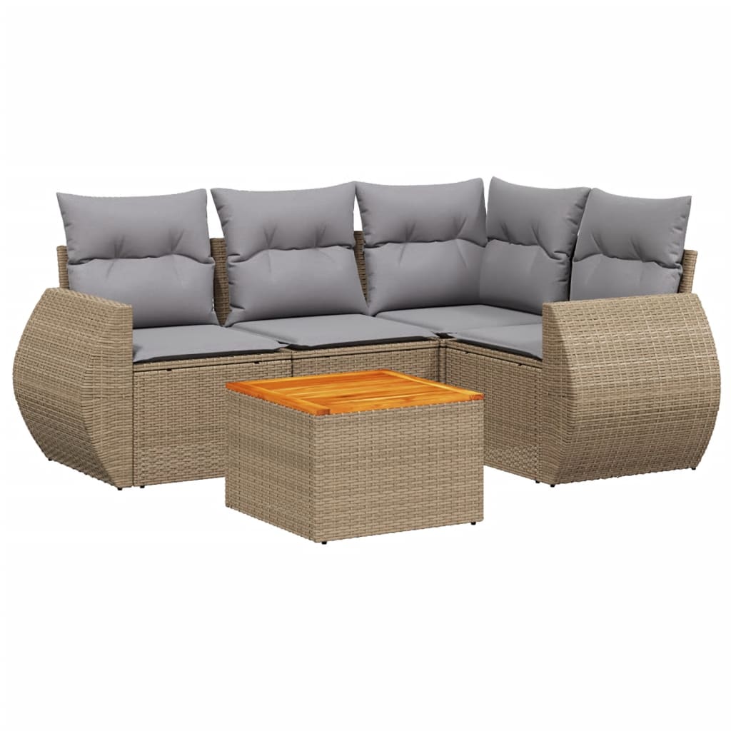 5-tlg. Garten-Sofagarnitur mit Kissen Beige Poly Rattan