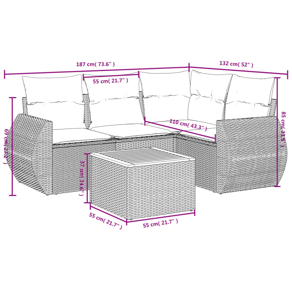 5-tlg. Garten-Sofagarnitur mit Kissen Beige Poly Rattan