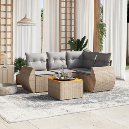 5-tlg. Garten-Sofagarnitur mit Kissen Beige Poly Rattan