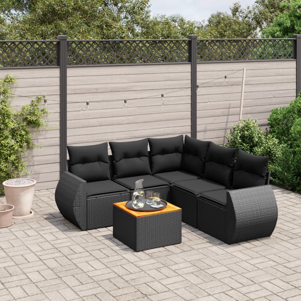 6-tlg. Garten-Sofagarnitur mit Kissen Schwarz Poly Rattan