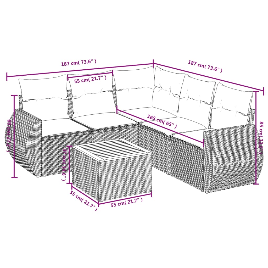 6-tlg. Garten-Sofagarnitur mit Kissen Beige Poly Rattan