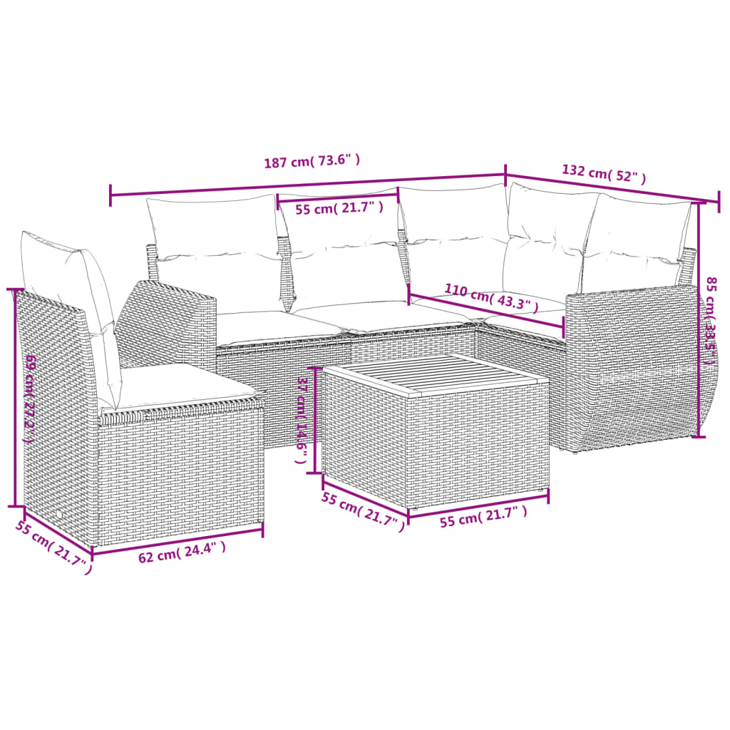 6-tlg. Garten-Sofagarnitur mit Kissen Beige Poly Rattan