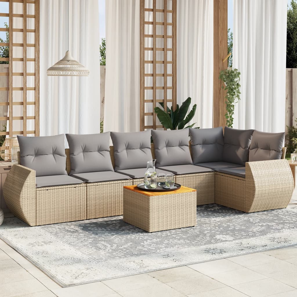 7-tlg. Garten-Sofagarnitur mit Kissen Beige Poly Rattan