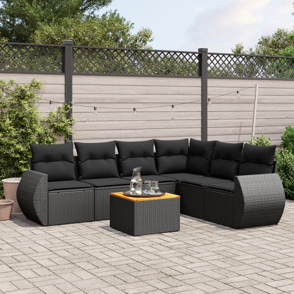 7-tlg. Garten-Sofagarnitur mit Kissen Schwarz Poly Rattan