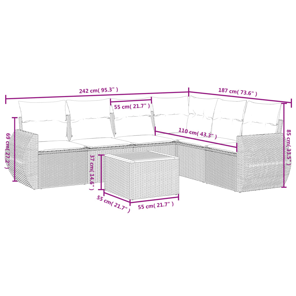 7-tlg. Garten-Sofagarnitur mit Kissen Beige Poly Rattan