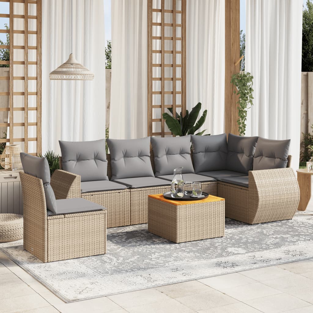 7-tlg. Garten-Sofagarnitur mit Kissen Beige Poly Rattan