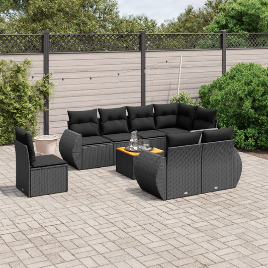 9-tlg. Garten-Sofagarnitur mit Kissen Schwarz Poly Rattan