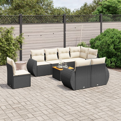 9-tlg. Garten-Sofagarnitur mit Kissen Schwarz Poly Rattan