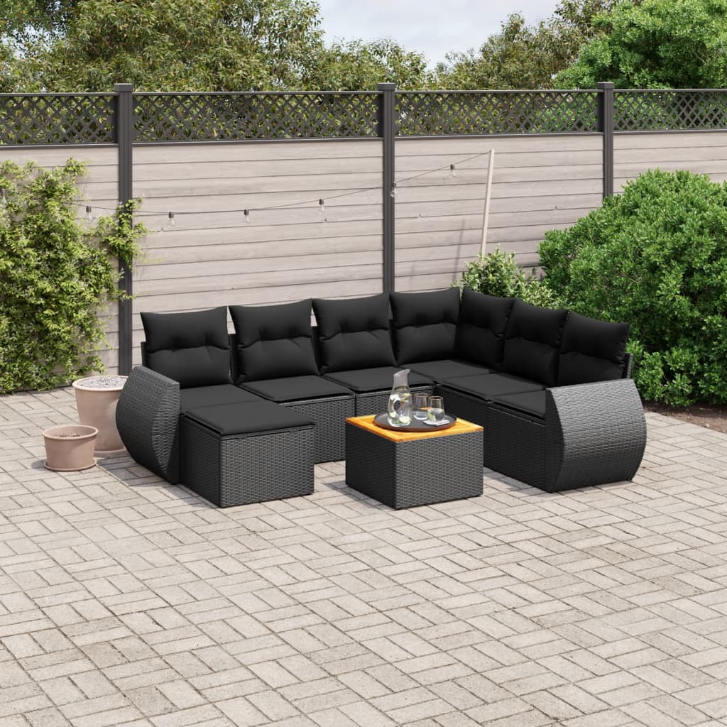 8-tlg. Garten-Sofagarnitur mit Kissen Schwarz Poly Rattan