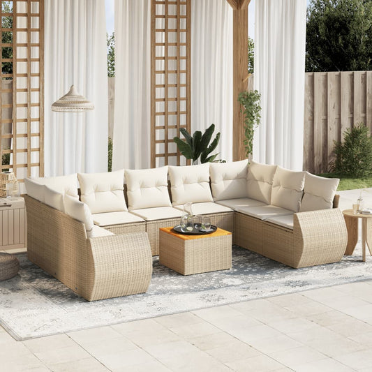 10-tlg. Garten-Sofagarnitur mit Kissen Beige Poly Rattan