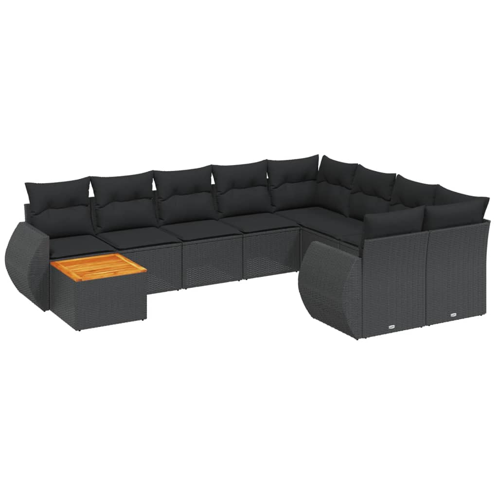 10-tlg. Garten-Sofagarnitur mit Kissen Schwarz Poly Rattan