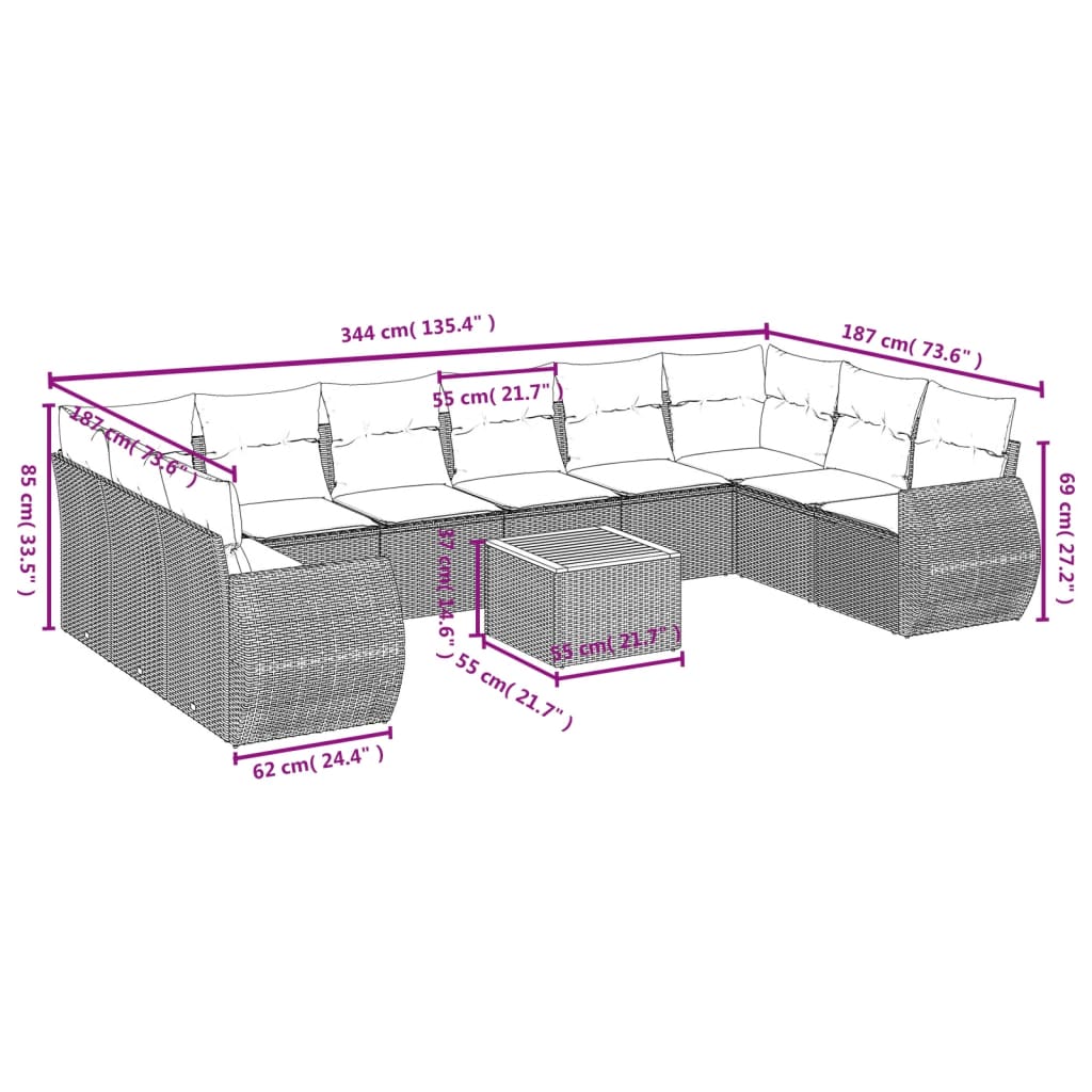 11-tlg. Garten-Sofagarnitur mit Kissen Schwarz Poly Rattan