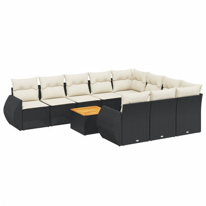 11-tlg. Garten-Sofagarnitur mit Kissen Schwarz Poly Rattan