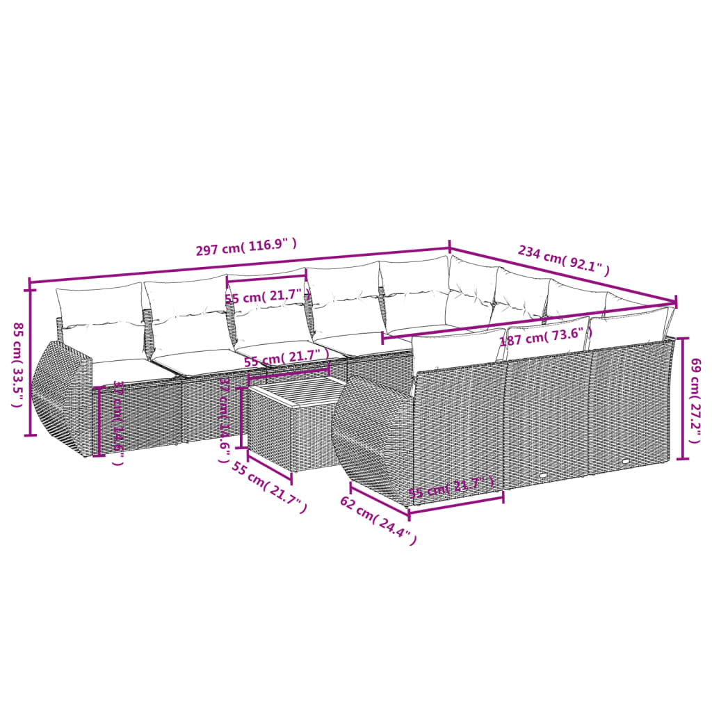 11-tlg. Garten-Sofagarnitur mit Kissen Beige Poly Rattan