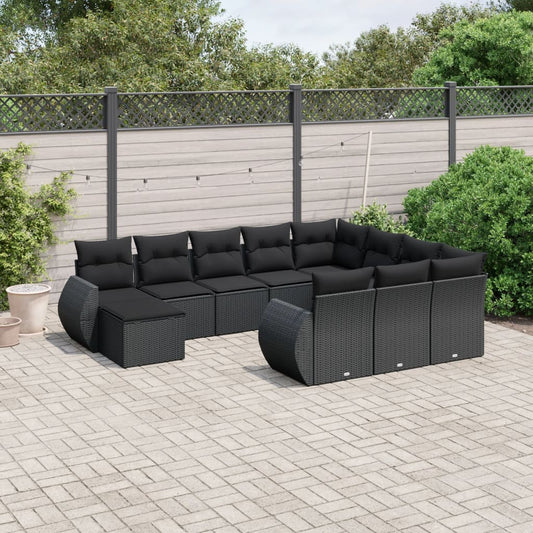 11-tlg. Garten-Sofagarnitur mit Kissen Schwarz Poly Rattan