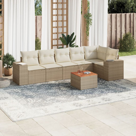 7-tlg. Garten-Sofagarnitur mit Kissen Beige Poly Rattan