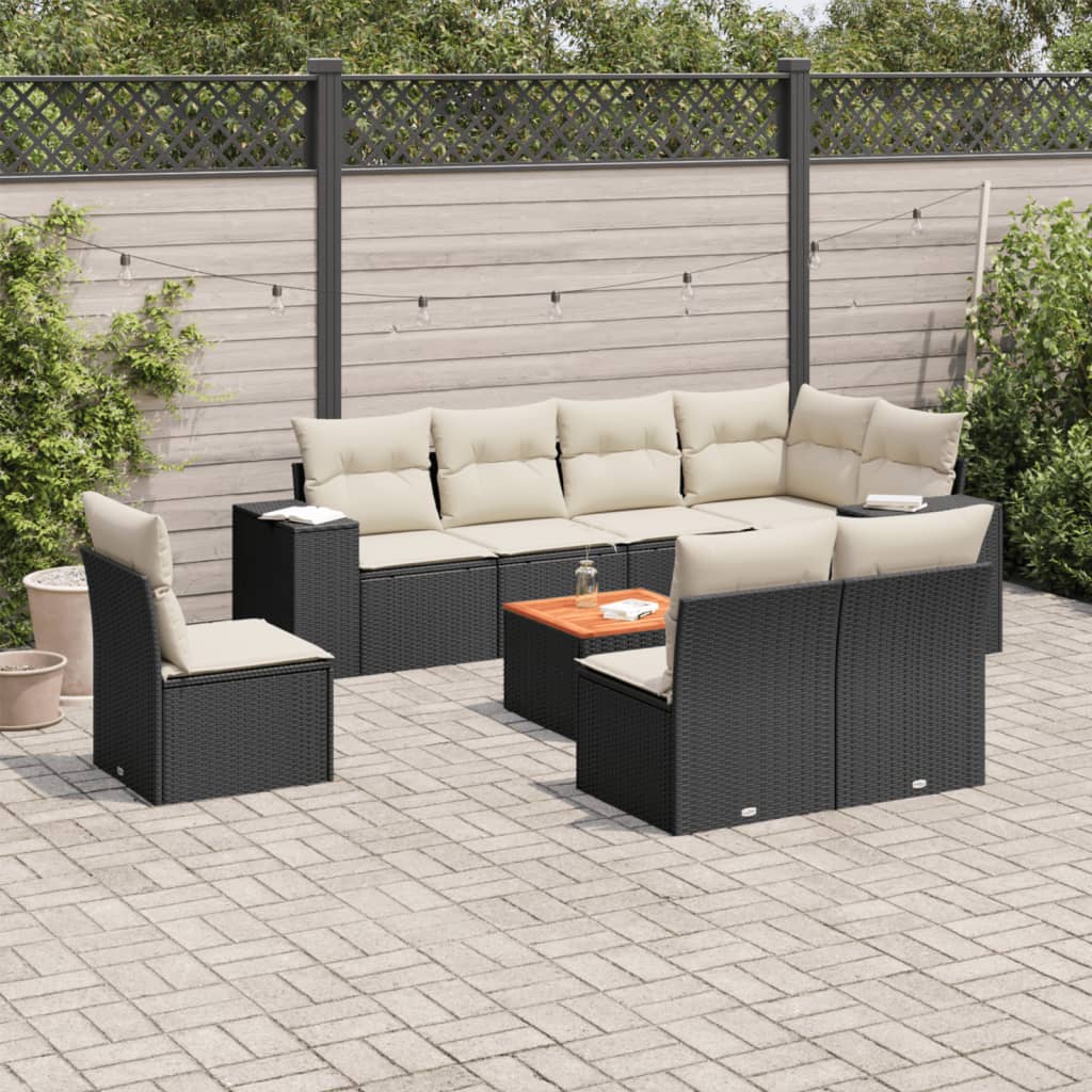 9-tlg. Garten-Sofagarnitur mit Kissen Schwarz Poly Rattan