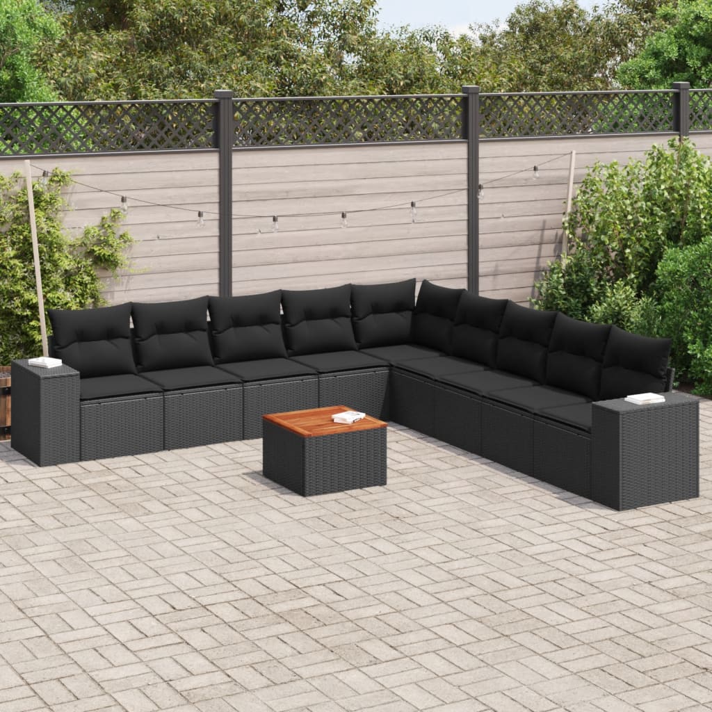 10-tlg. Garten-Sofagarnitur mit Kissen Schwarz Poly Rattan